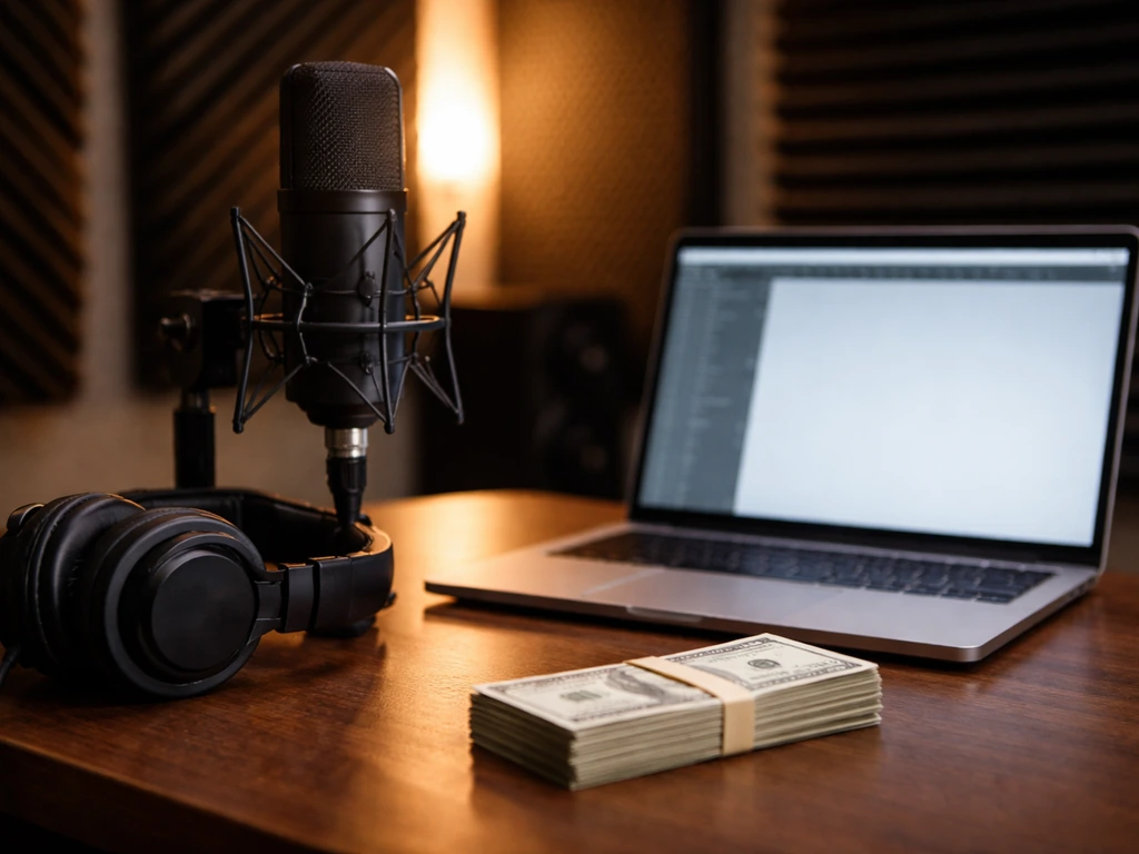 Minimal studio scene with a microphone and laptop beside cash-like prop, symbolizing music production and net worth