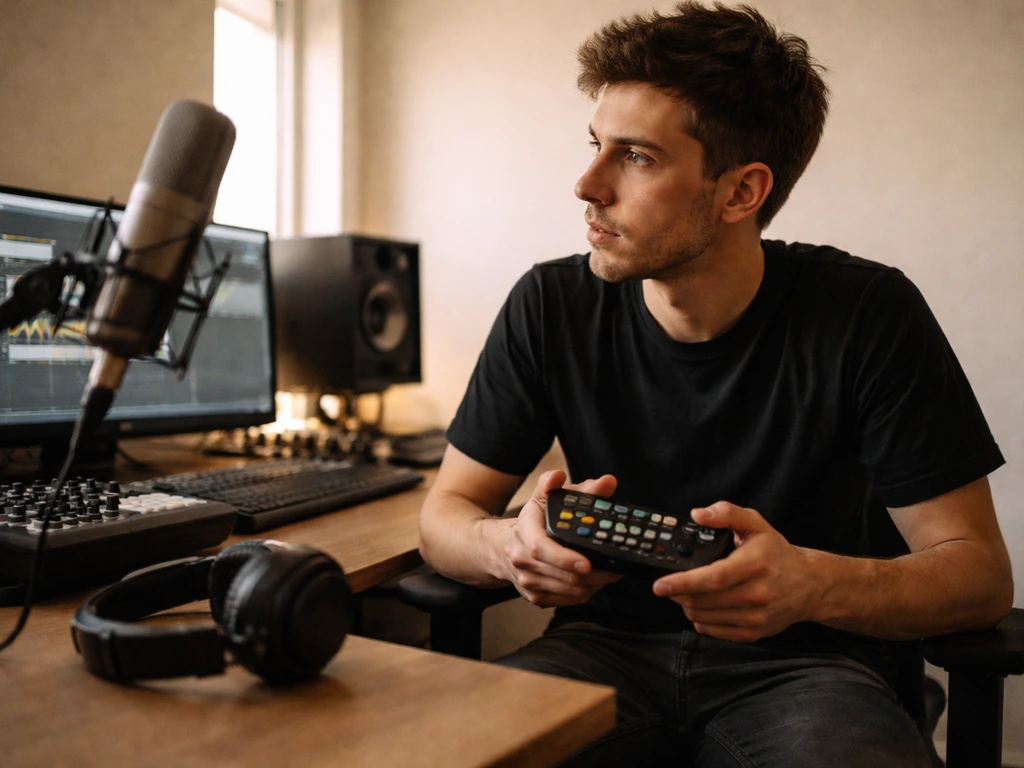 Music producer in a minimal studio setup, surrounded by audio gear, focused on recording session work.