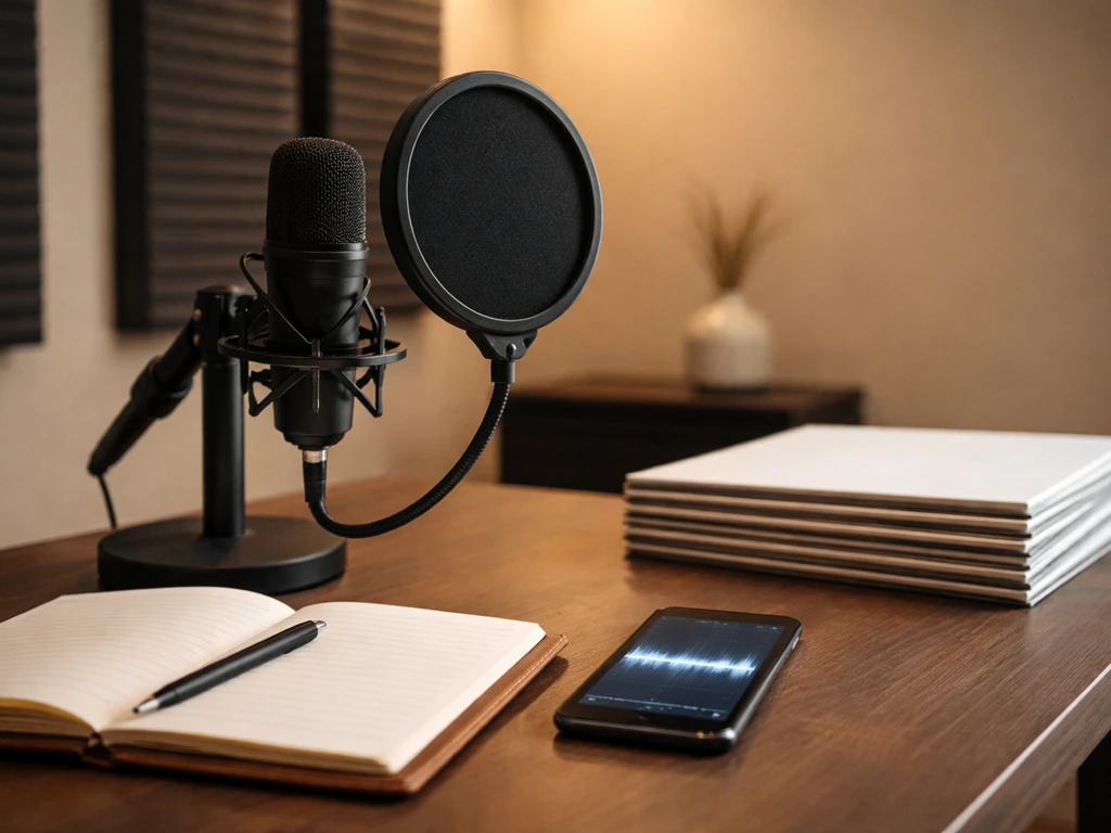 Quiet recording studio desk with microphone, notebook, and vinyl records suggesting music label operations.