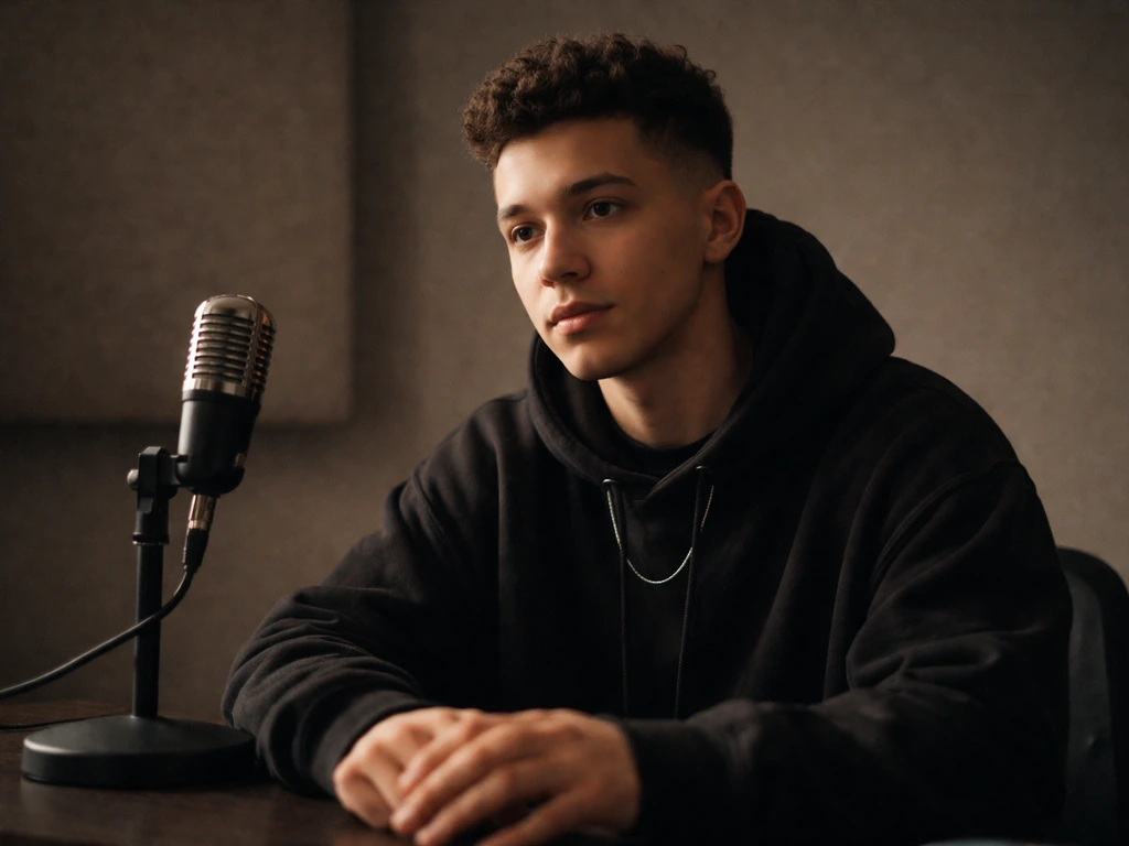 Close-up of a young man in a hoodie with a music mic in a quiet studio, representing an artist identity.