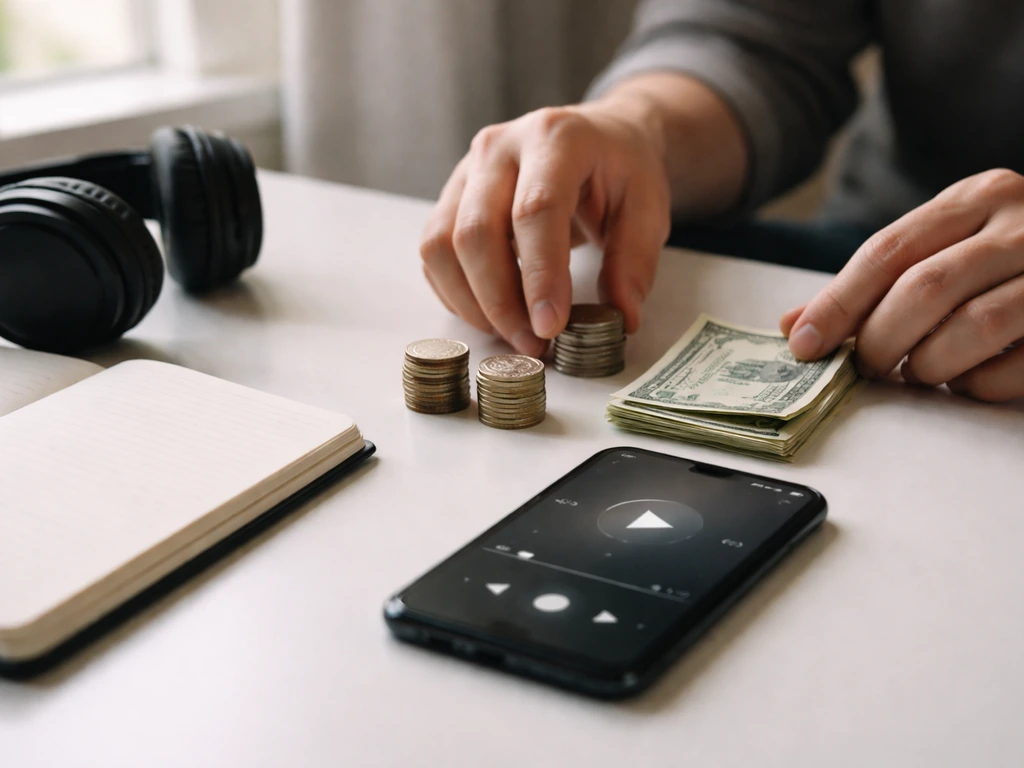 Minimal photo of an open notebook beside a smartphone showing music streaming controls, with cash and coins nearby.