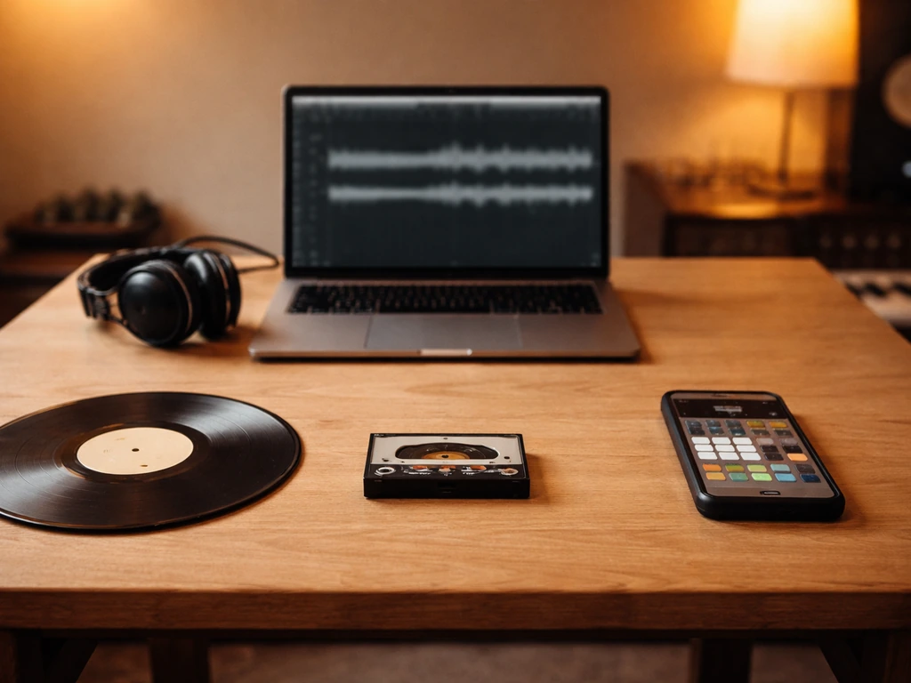 Minimal studio desk with headphones and three music formats arranged to suggest career phases.