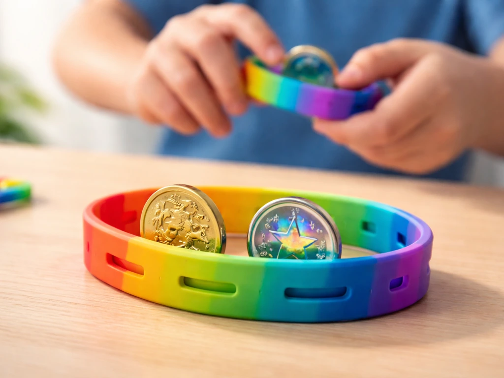 Close-up of a silicone wristband holding small collectible coins, with blurred hands swapping them.