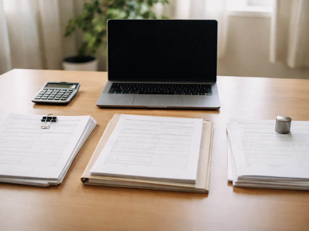 Hands with a laptop and calculator beside documents, symbolizing equity deal valuation and conservative adjustments.