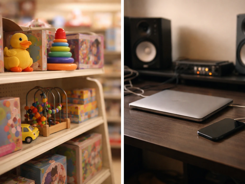 Minimal split-screen photo showing a toy retail timeline vibe on left and missing music-profile presence on right