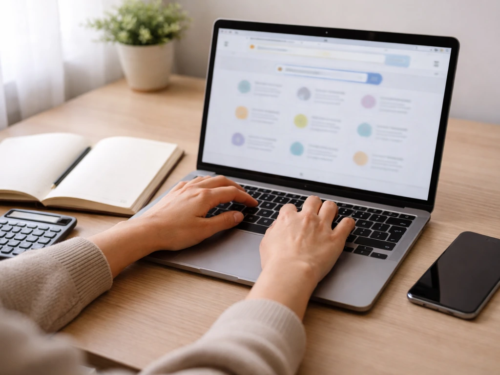 Person comparing music platform stats on a laptop with a notebook and calculator on a desk.