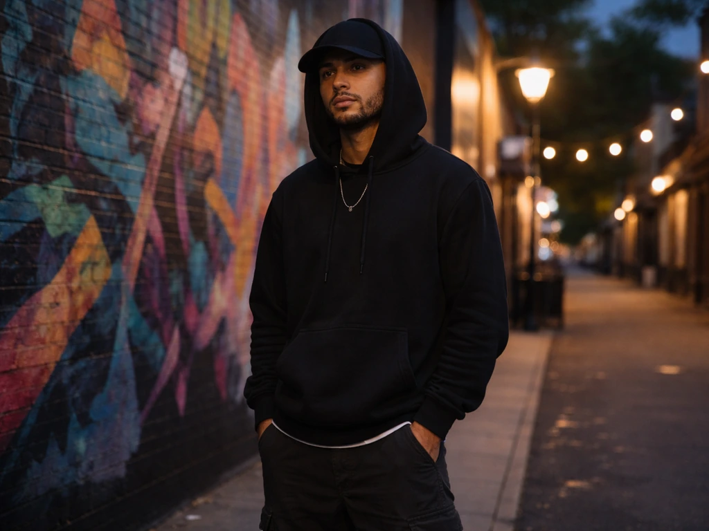 Candid photo of a single man in a hoodie by a city mural at dusk, symbolizing music and entrepreneurship