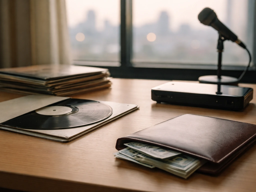 Minimal photo of a music studio desk with cash-like props and a record sleeve symbolizing royalties and ownership