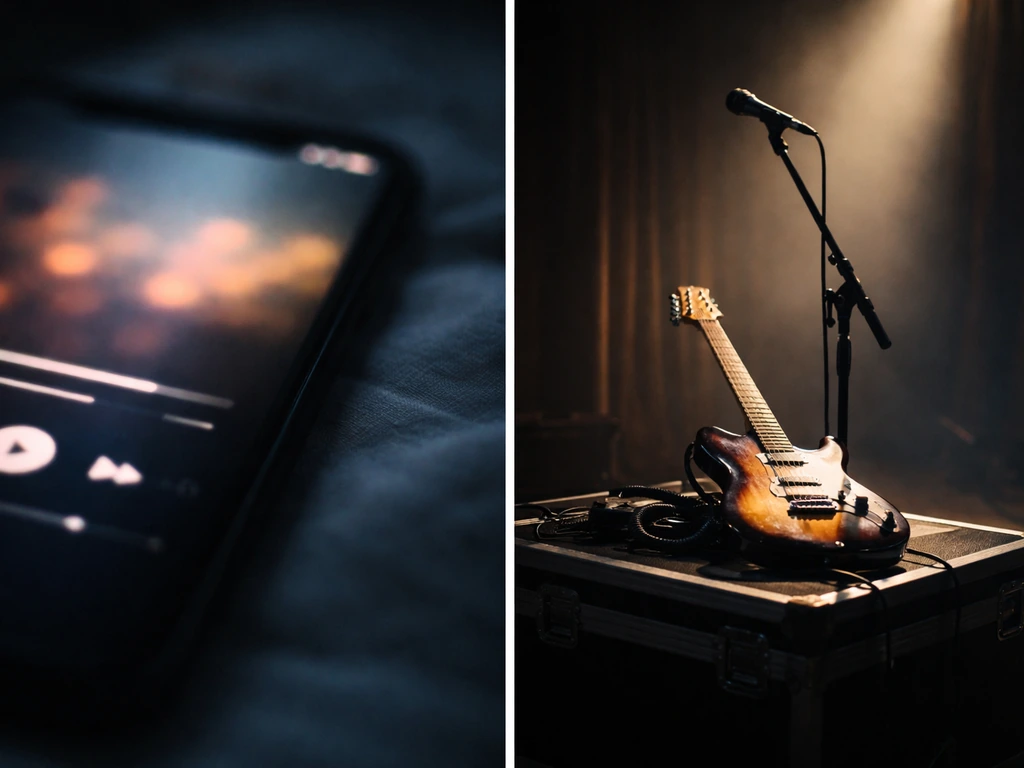 Split image of music streaming on a phone and an empty live stage setup with mic and guitar.