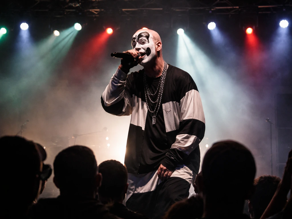 ICP-style performer on a touring stage under colorful lights with an audience silhouette in front.