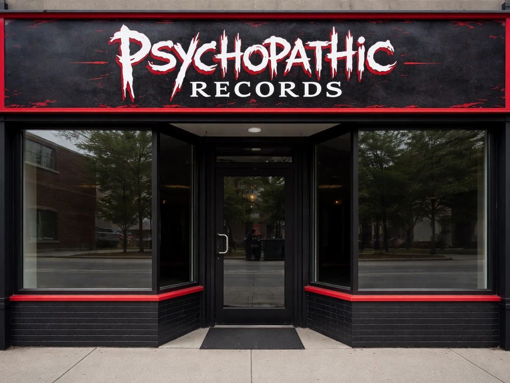 Quiet independent record label storefront with a “Psychopathic Records” sign and door entrance.