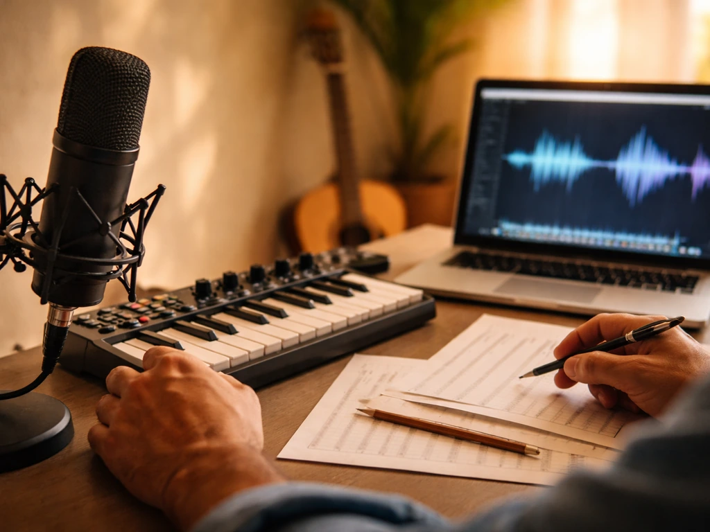 Close-up of a music producer’s desk with microphone, keyboard, blank manuscript sheets, and laptop abstract audio visual