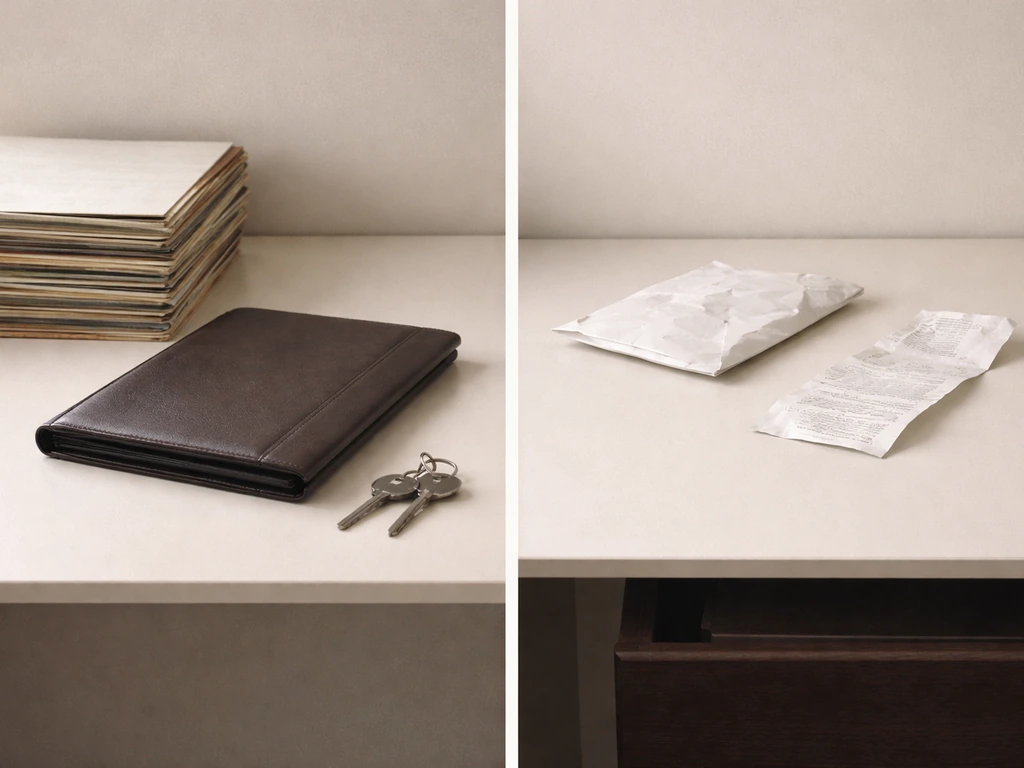 Minimal photo of two contrasting office elements representing counted assets vs hidden liabilities