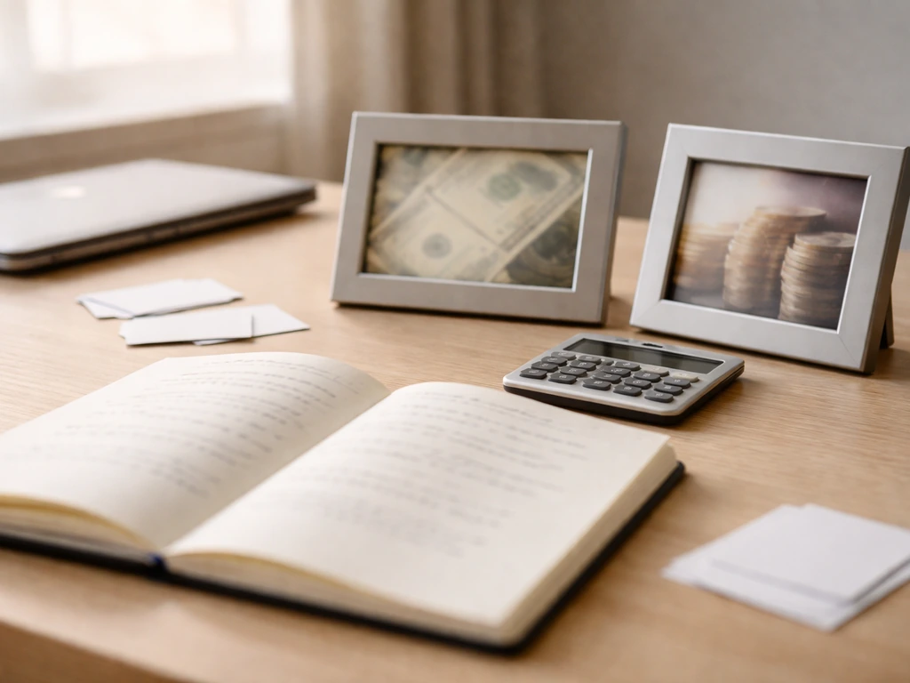 Minimal office desk with blurred documents, a calculator, and two framed currency tones suggesting estimate comparison