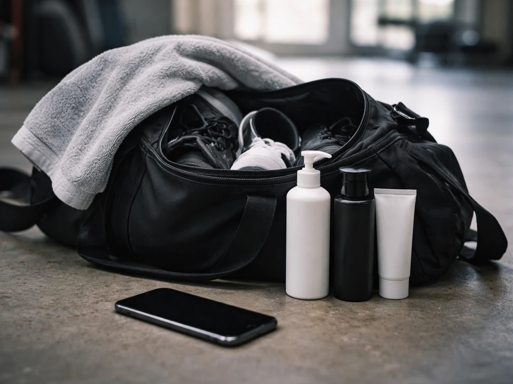 Unzipped post-workout gym duffel with hygiene bottles and towel beside a phone, minimal hustle vibe.
