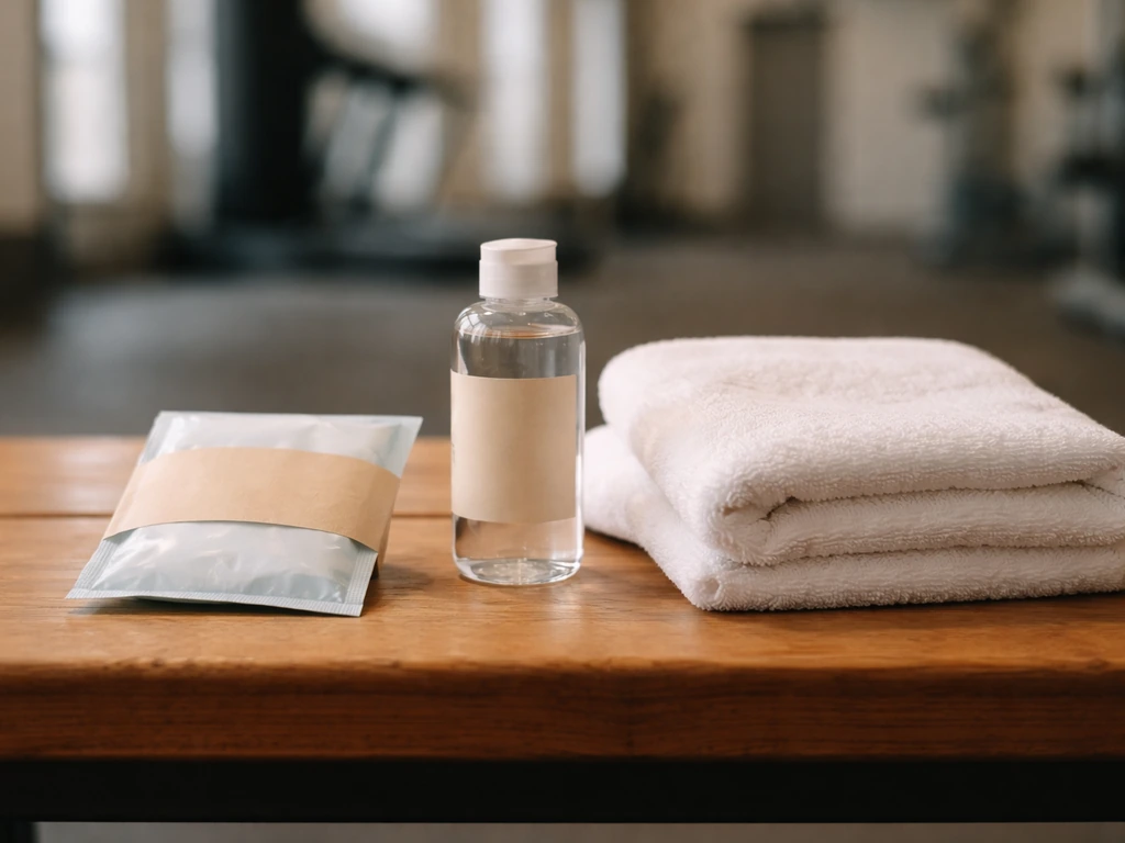 Athlete-style hygiene concept photo: a clean kit with a shower-fresh wipe pouch on a gym bench.