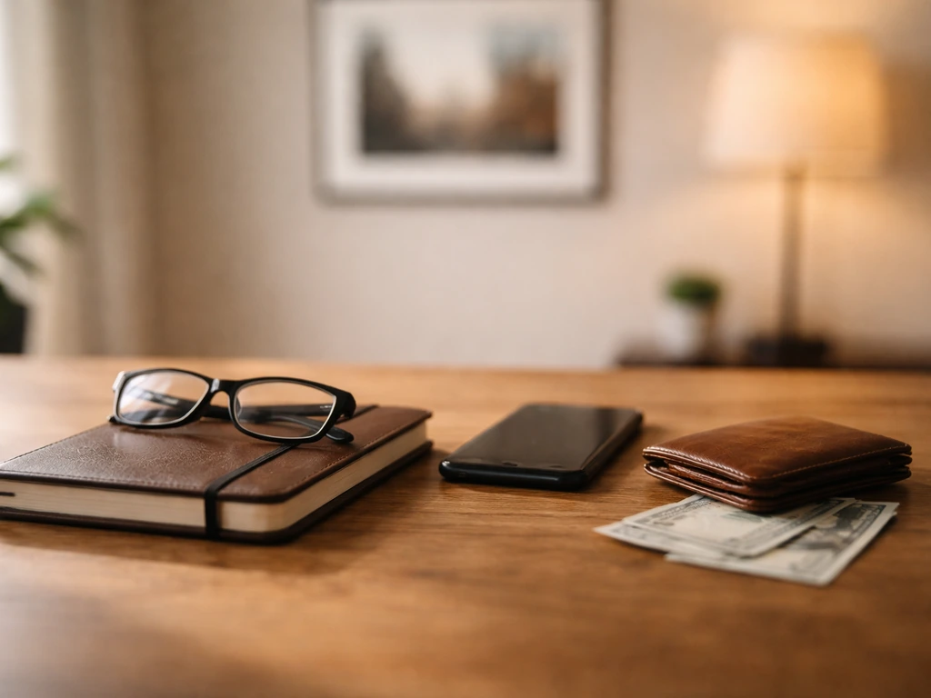 Minimal desk with notebook, glasses, smartphone, and cash—symbolizing a private brand net-worth estimate.