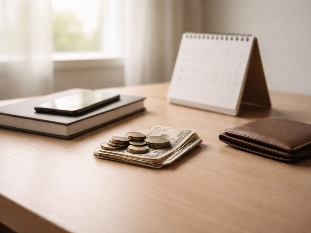 Minimal desk scene with a smartphone, currency, and a faded calendar symbolizing changing wealth over time