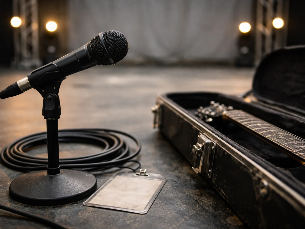 Close-up of touring stage gear: microphone, cables, open instrument case, and a blank backstage credential card