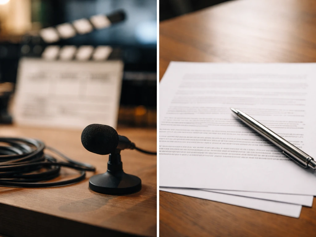 Split-screen: blurred studio mic/clapperboard on one side and an illegible licensing contract with a pen on the other.