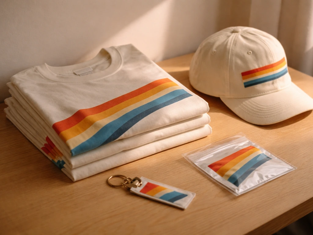 Merchandise table with colorful branded clothing and a small hat, styled like a music-brand licensing display.