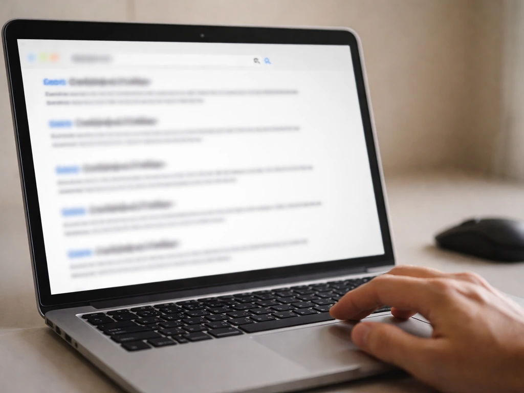 Laptop showing blurred search results with similar entries, suggesting the need to confirm the right Uptown YT.