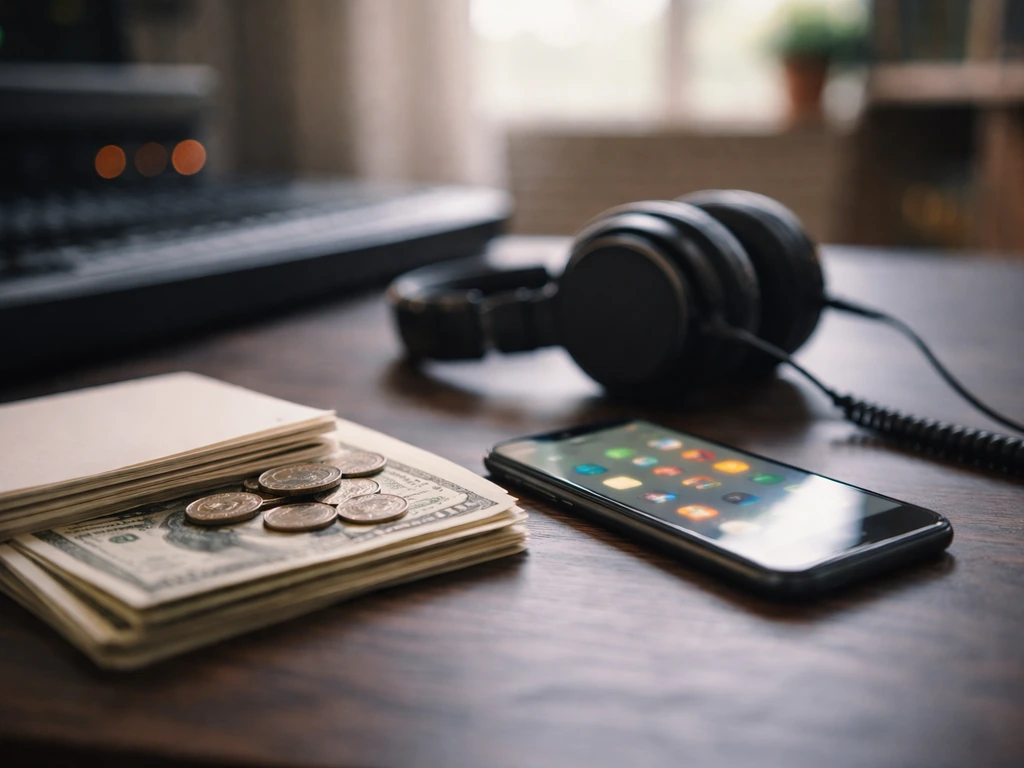 Minimal photo of a studio desk with a smartphone showing streaming-style media icons and cash imagery