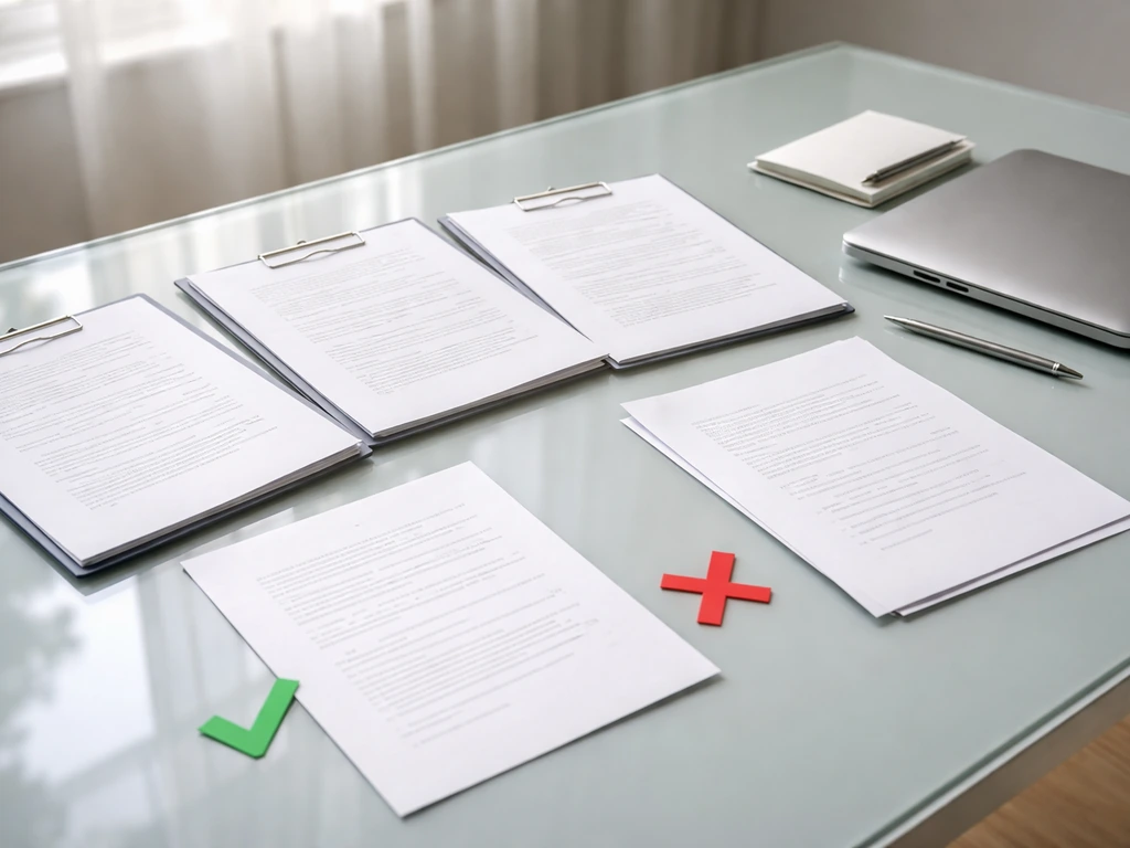 Minimal desk scene comparing papers with green and red check marks for corroboration vs contradiction.