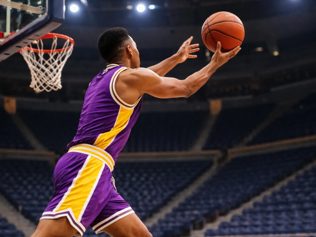 Anonymous player in purple-and-gold Lakers-style uniform drives near the basket in an indoor arena.