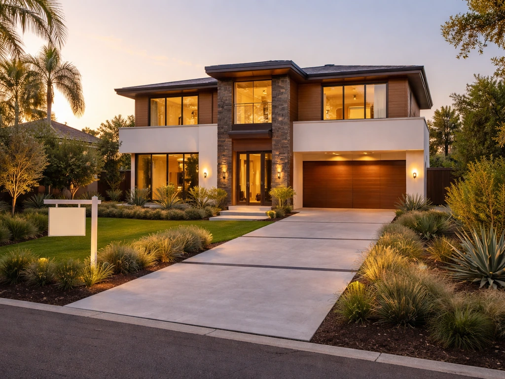 Luxury Los Angeles home exterior at golden hour, conveying real estate ownership.