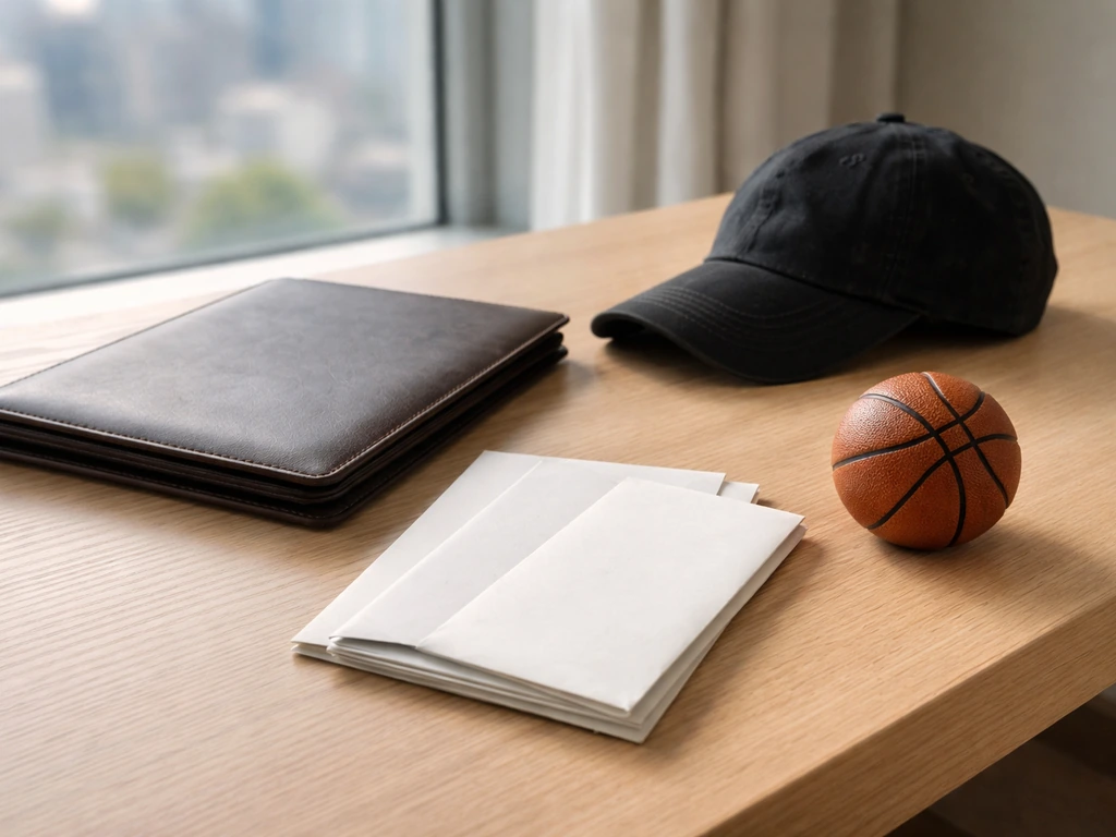 Minimal desk scene with a few sealed envelopes and a sleek portfolio folder, evoking sports-to-business ventures.