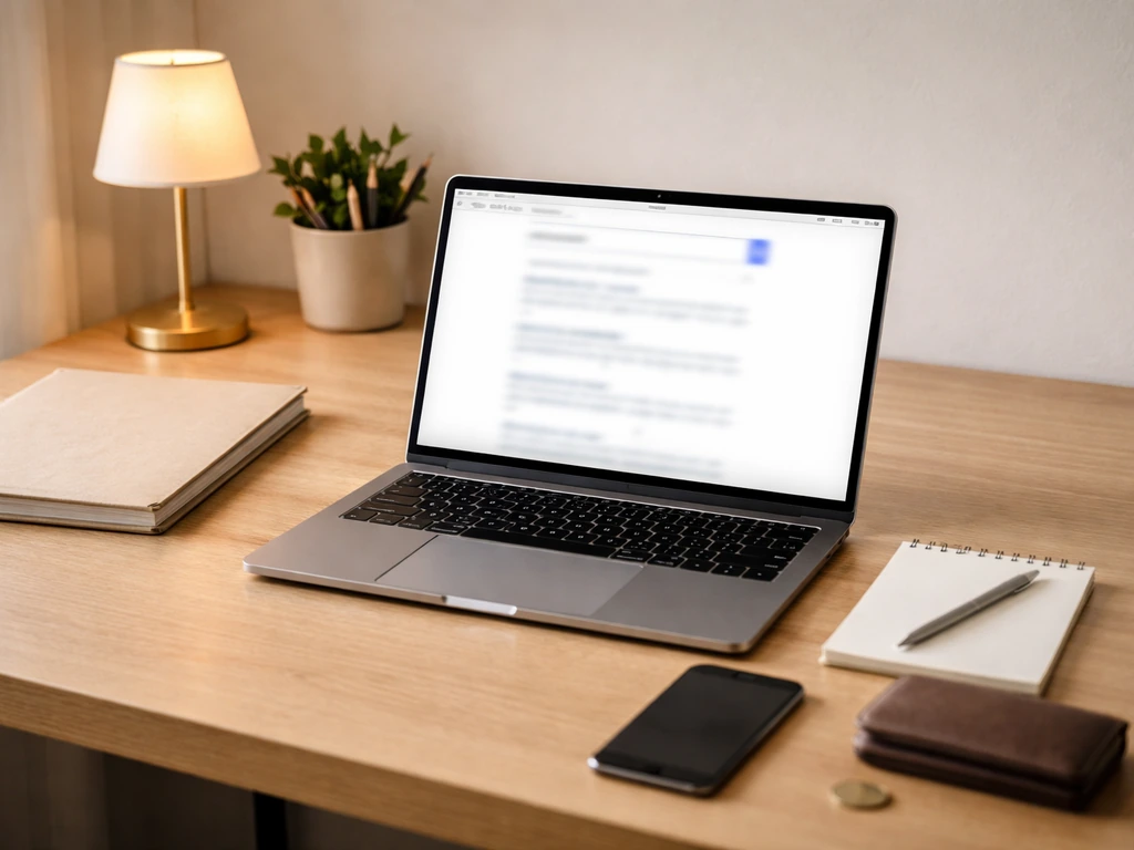 Minimal desk scene with a laptop showing generic search results blocks and a smartphone, symbolizing credible data resea