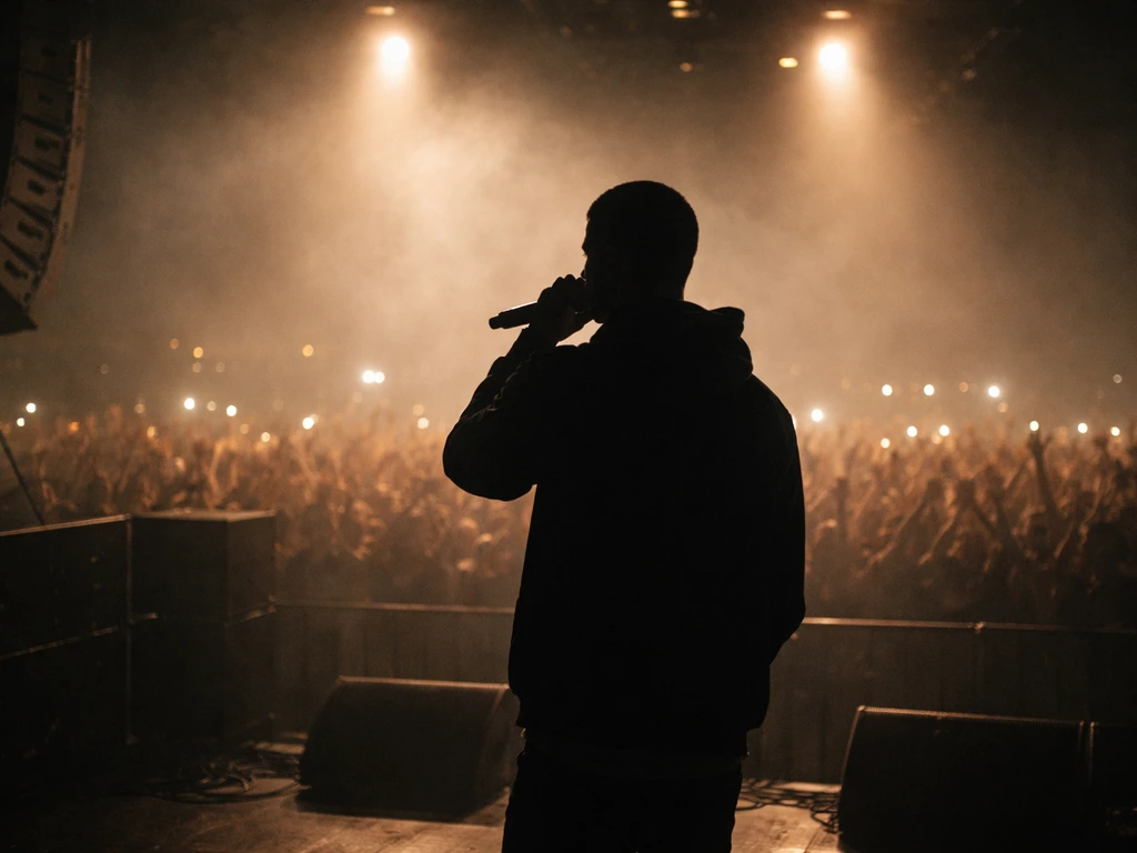 Silhouetted performer singing at a live hip-hop show with blurred crowd lights and stage haze.