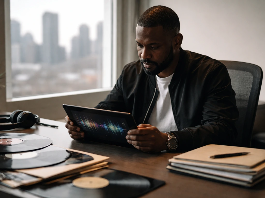 Music executive at a desk reviewing vinyl records and contracts in a minimalist modern office
