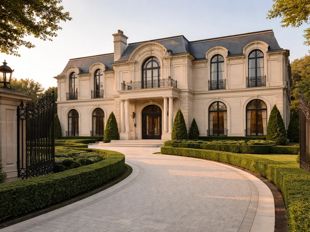 Luxury mansion facade at golden hour with wrought iron gates and a manicured driveway