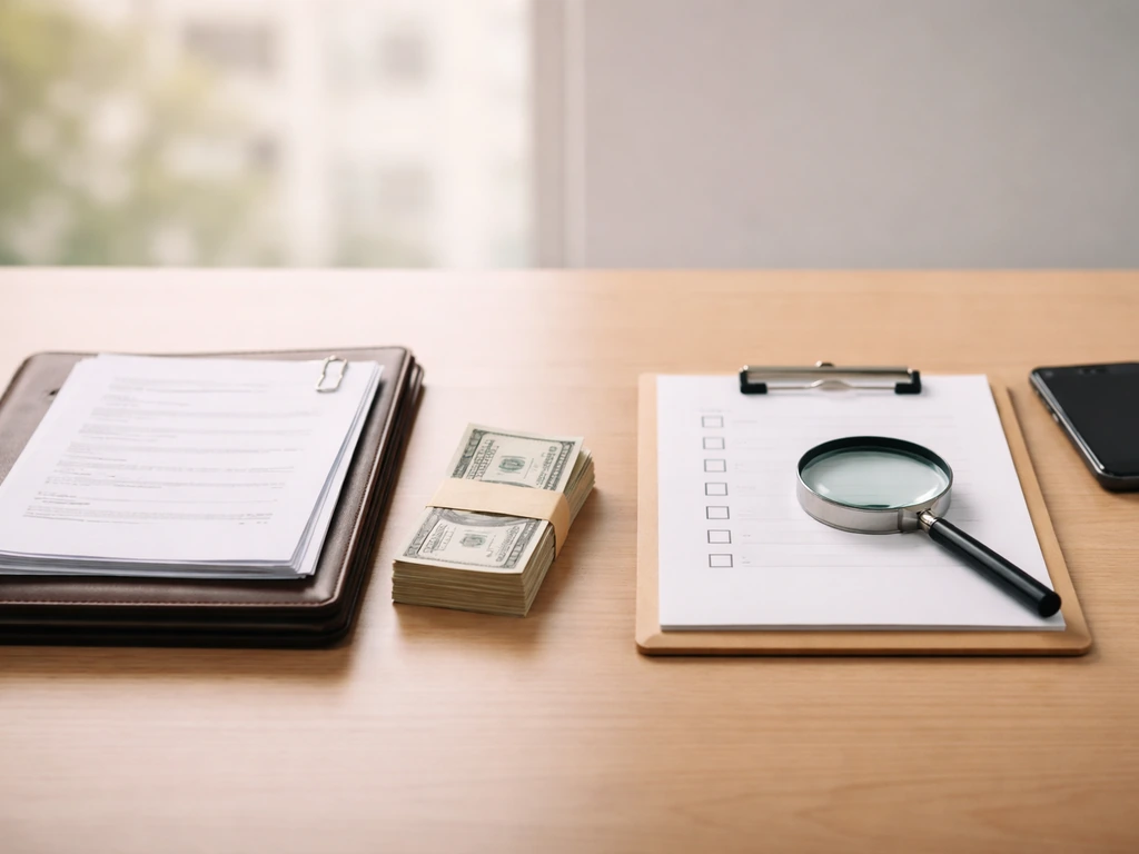 Split scene of financial documents on a desk and a checklist nearby, suggesting verification of net worth figures