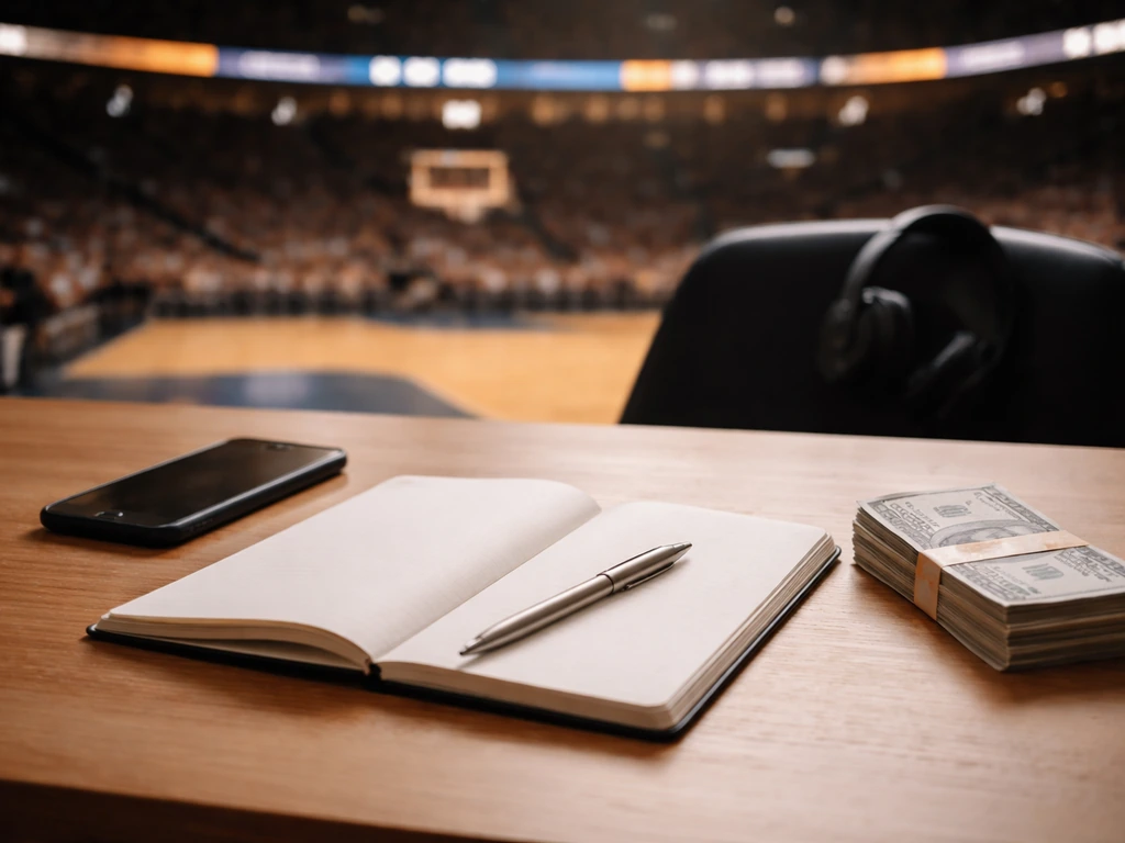 Minimal finance desk scene with neatly stacked cash and blank notebook pages, symbolizing NBA earnings.
