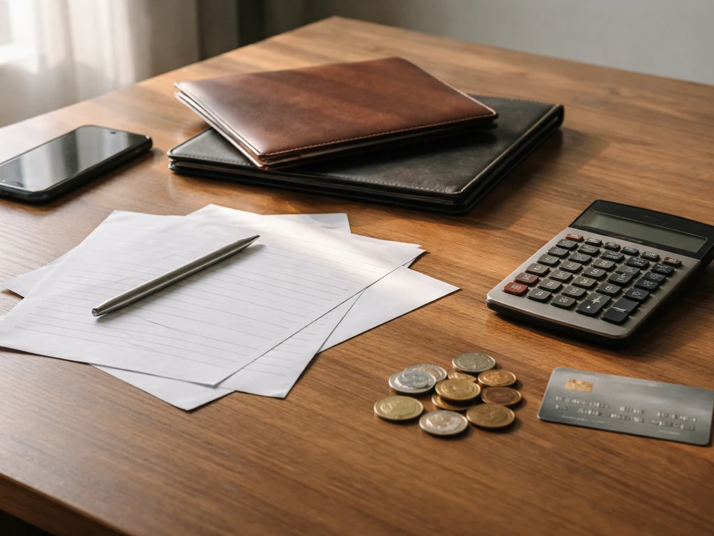 Minimal analyst desk with calculator, blank papers, coins, and two folders suggesting conflicting net-worth estimates.
