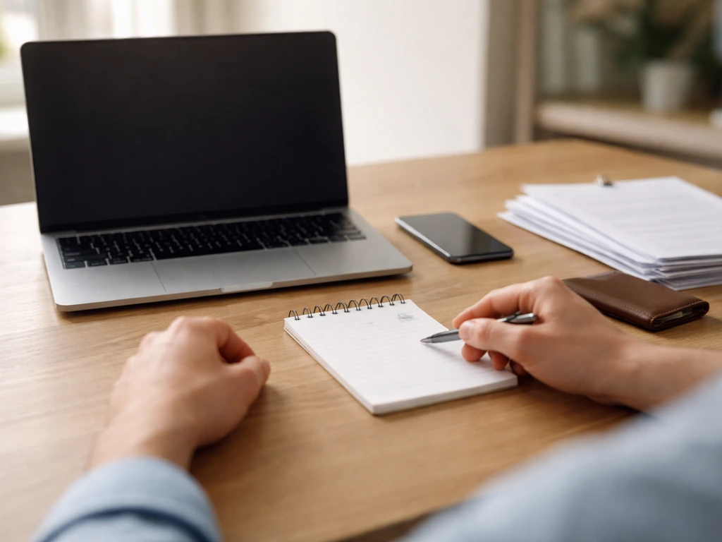 Minimal desk scene with laptop and smartphone showing source-check notes for comparing financial estimates