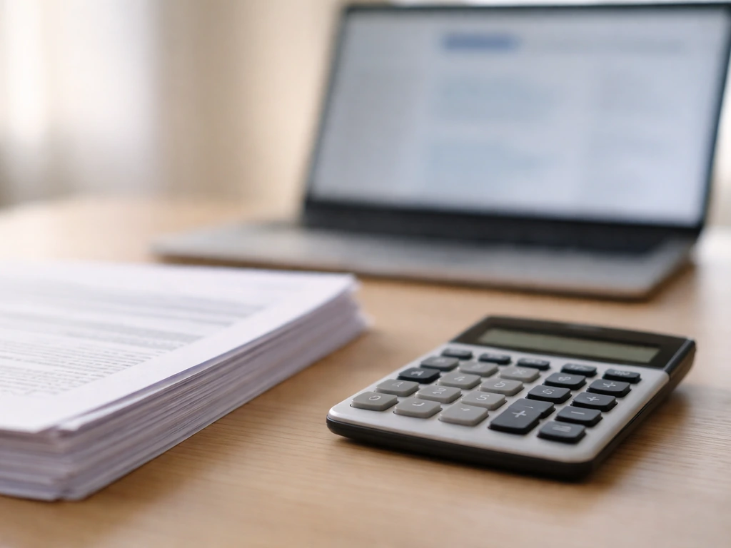 Close-up of financial documents and a calculator with a blurred laptop in the background.