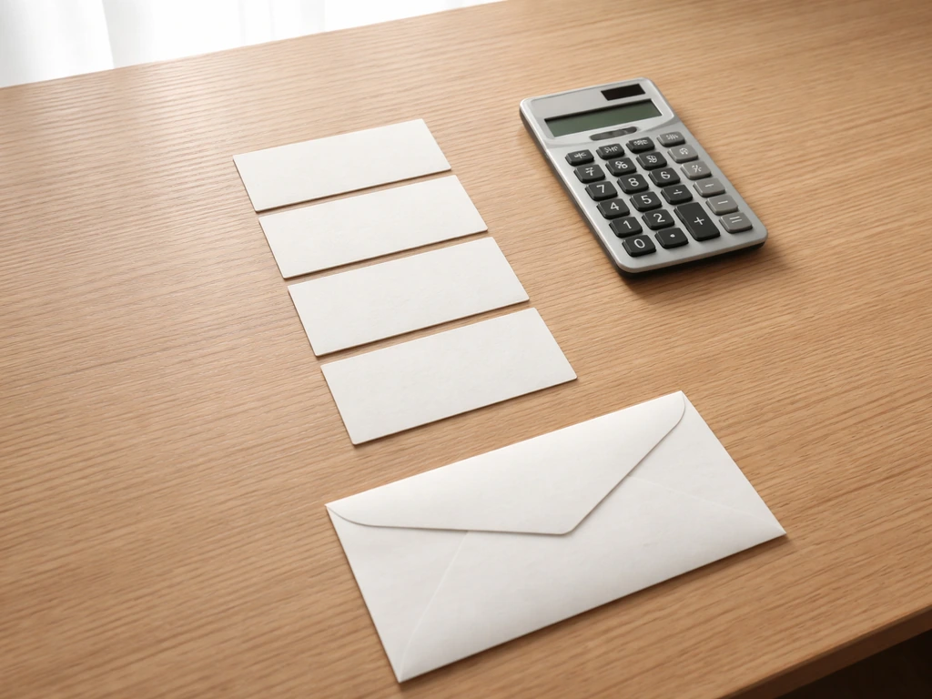 Minimal desk scene showing stacked papers and a calculator beside a single envelope, symbolizing net worth inputs.
