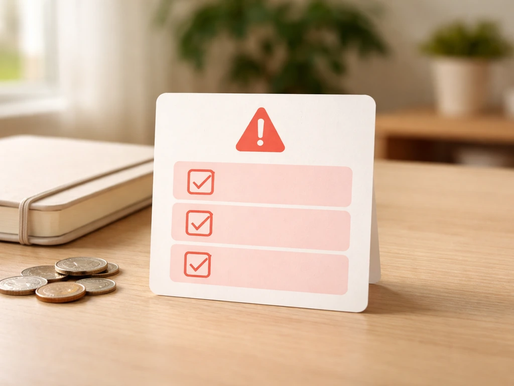 Minimal photo of a red-flag checklist callout card beside a blank notebook and scattered coins on a desk.