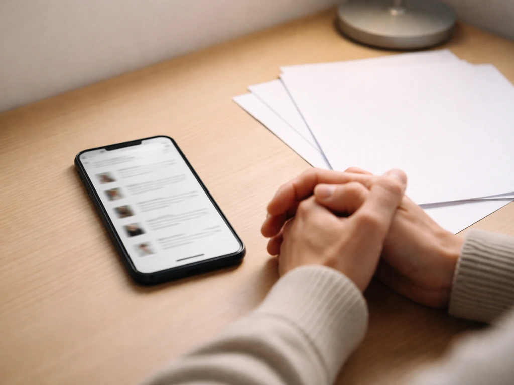 Minimal desk scene with papers and a smartphone showing a generic search results layout without readable text