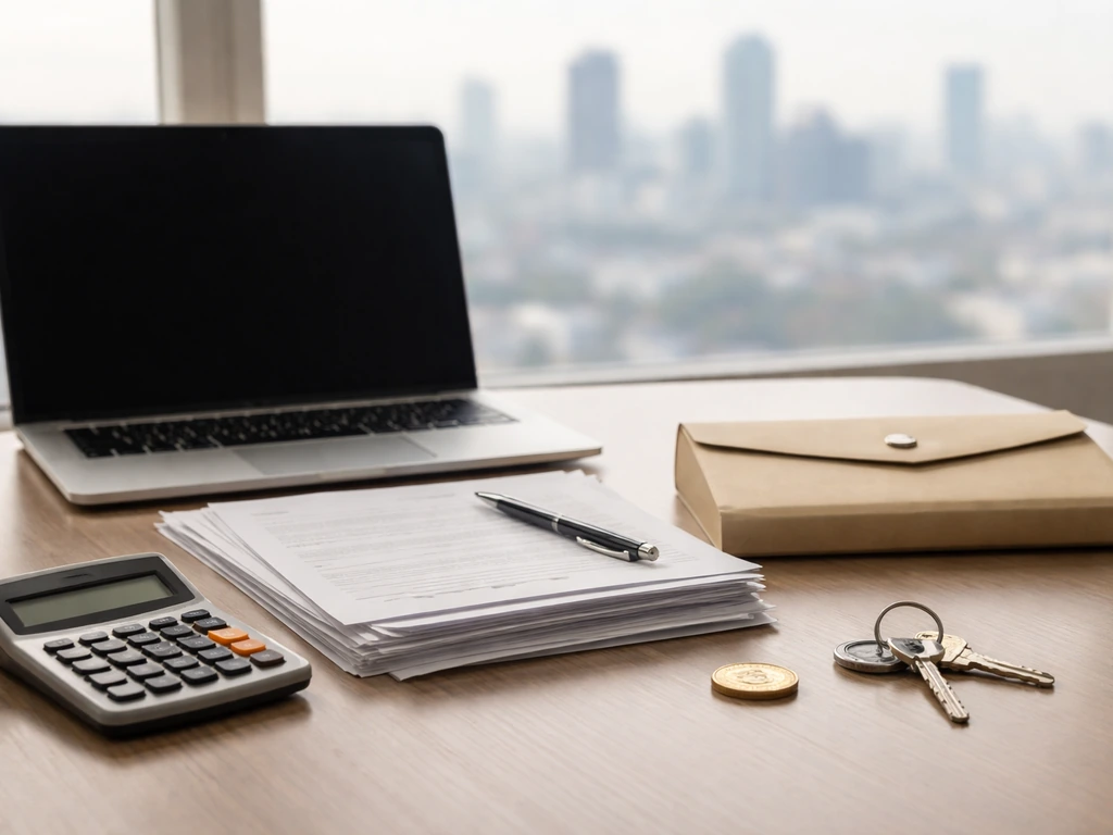 Close-up of a laptop and calculator on a desk with scattered documents, symbolizing assets minus liabilities research.