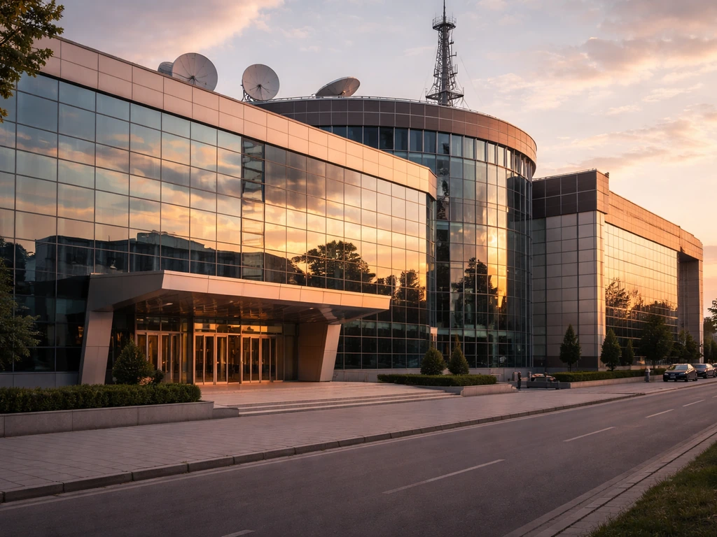 Exterior view of a modern Serbian TV broadcaster building with large windows and a quiet street