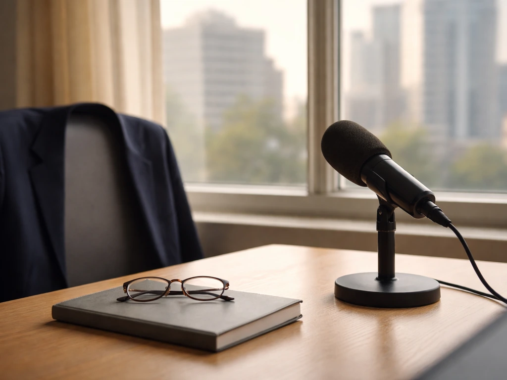 Minimal desk scene with a microphone and a suit jacket, suggesting media and shifting finances 2024–2026.