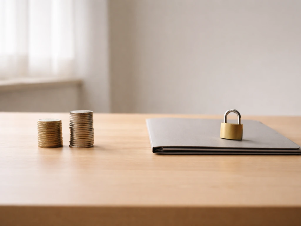 Empty desk with two small stacks of coins and a closed folder, symbolizing assets minus liabilities
