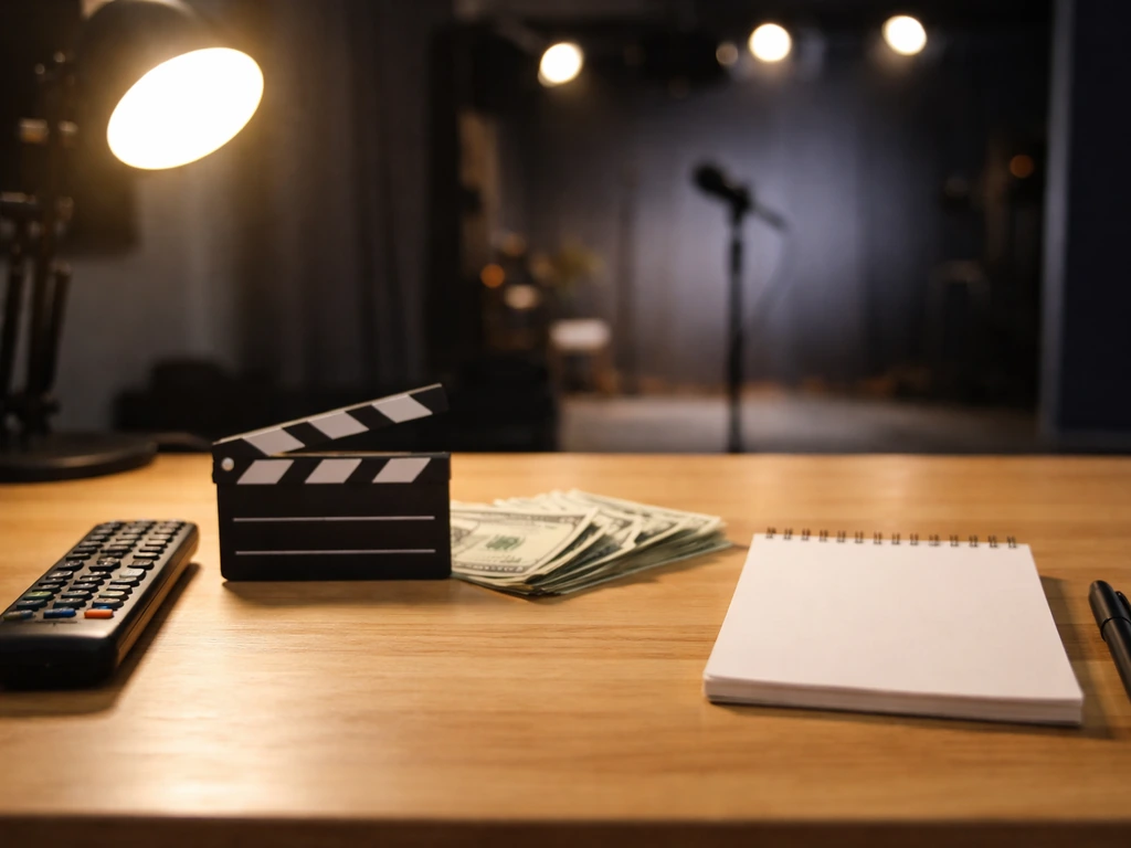 Minimal desk scene with a TV remote, film clapper, and scattered cash suggesting media earnings over time.