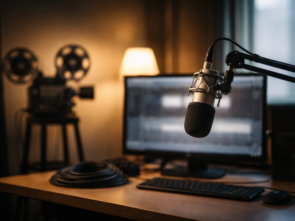 Film studio editing bay with a microphone and blurred screens, suggesting major-movie production work.