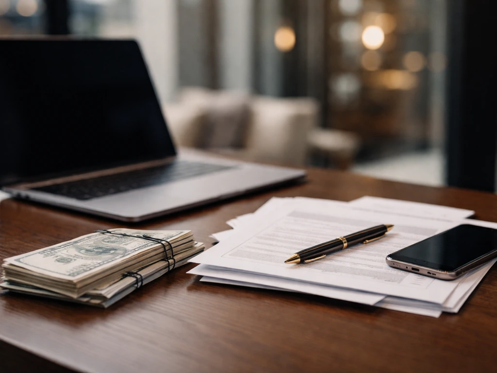 Close-up of a business desk with a laptop, cash, and financial documents symbolizing a net worth estimate